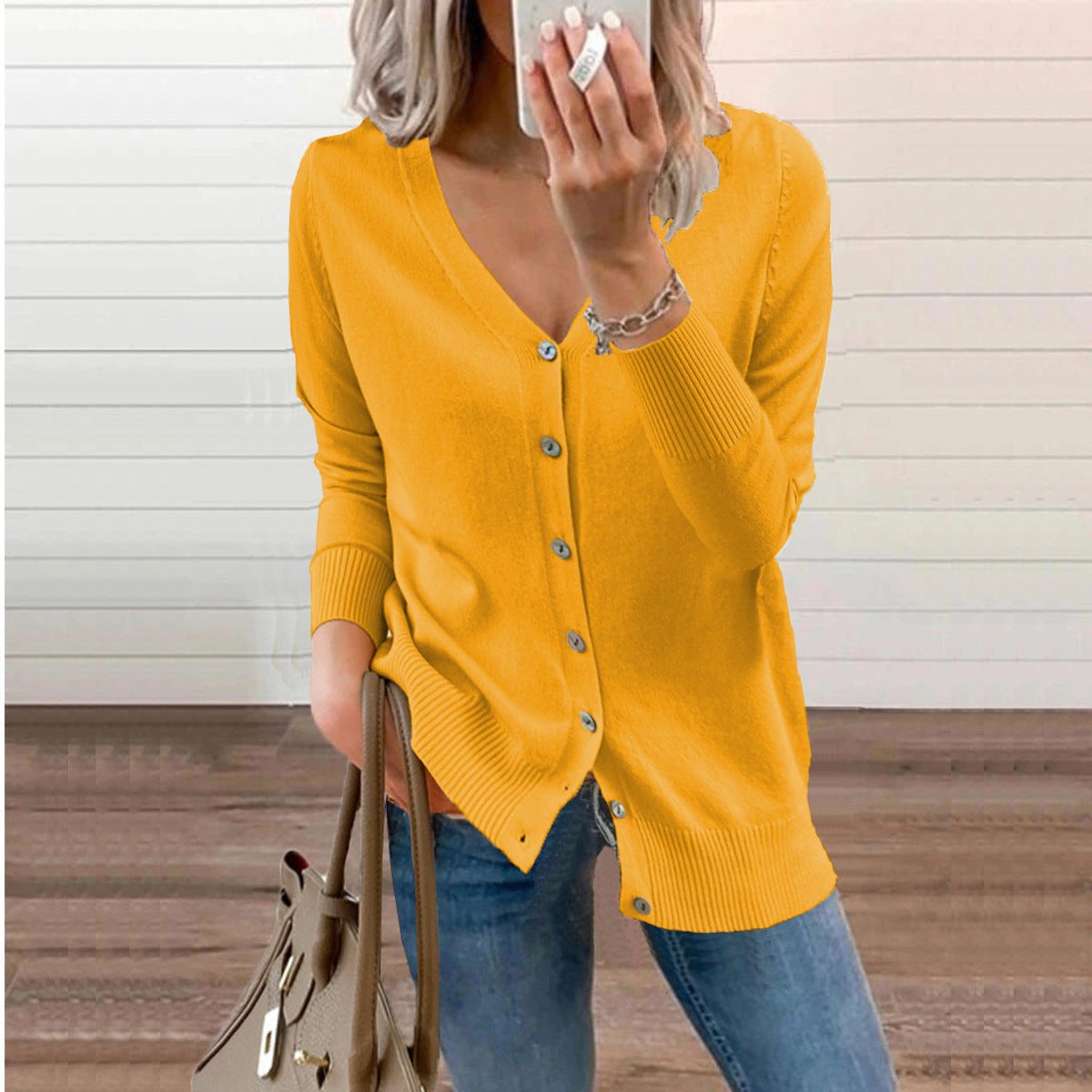 Women's Cardigan V-Neck | Button Front & Ribbed Trim