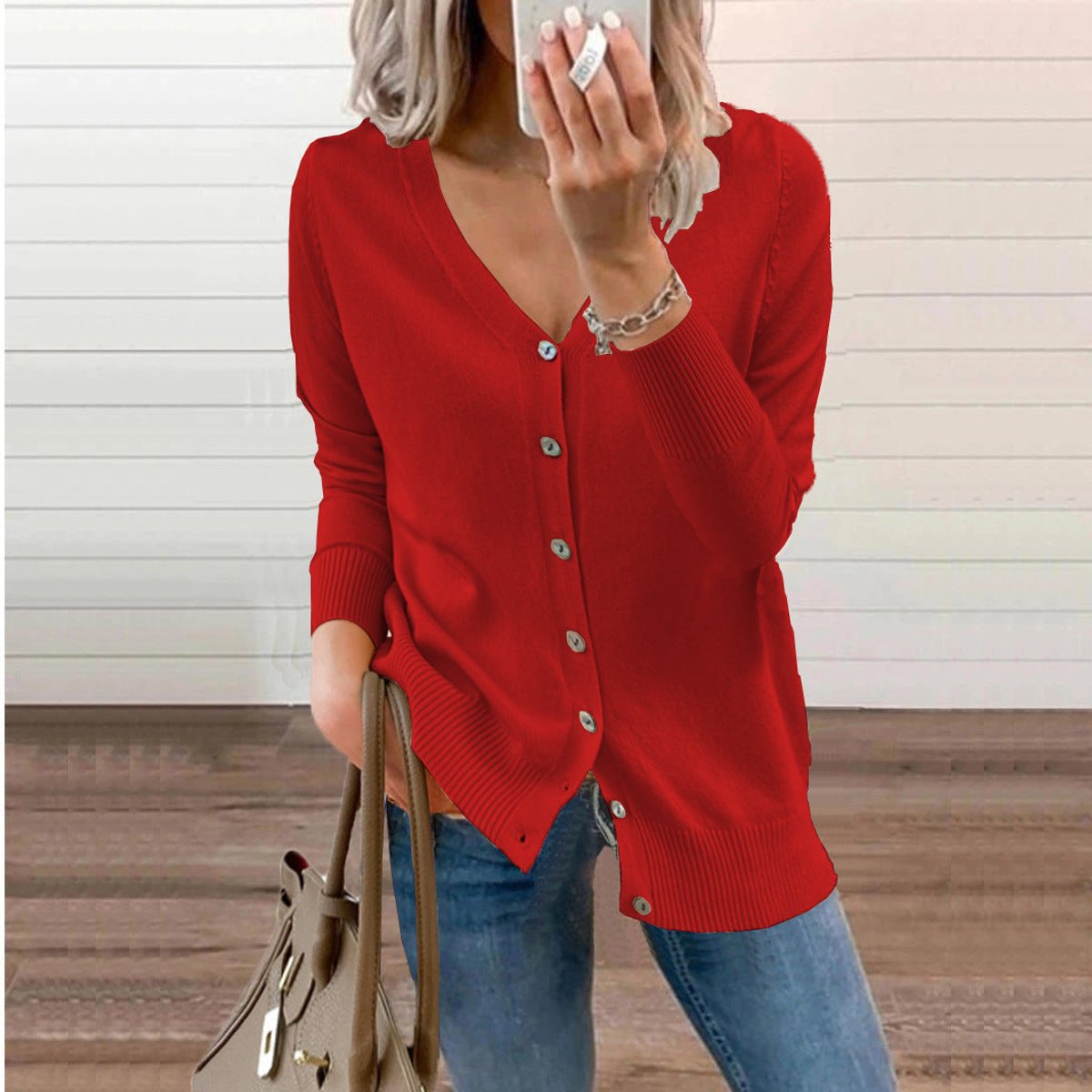 Women's Cardigan V-Neck | Button Front & Ribbed Trim