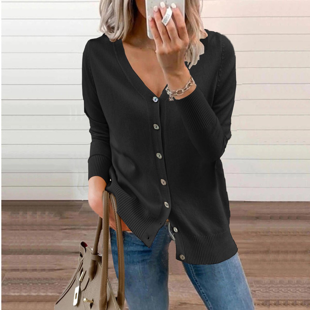 Women's Cardigan V-Neck | Button Front & Ribbed Trim