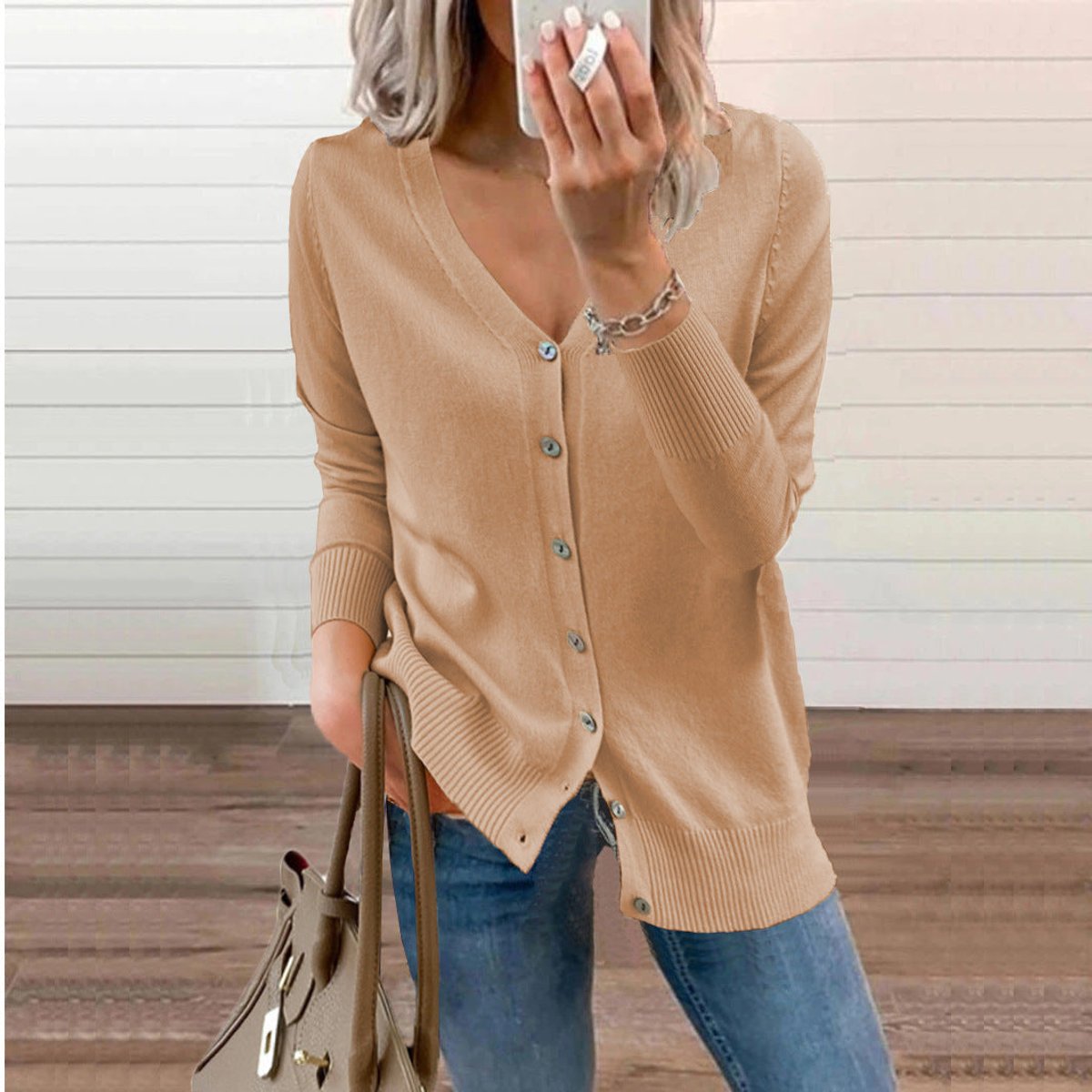 Women's Cardigan V-Neck | Button Front & Ribbed Trim