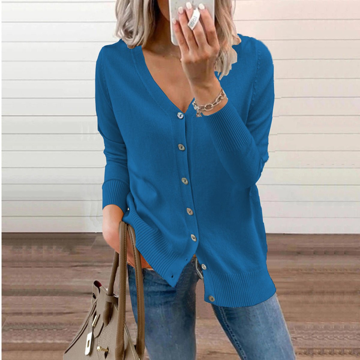Women's Cardigan V-Neck | Button Front & Ribbed Trim