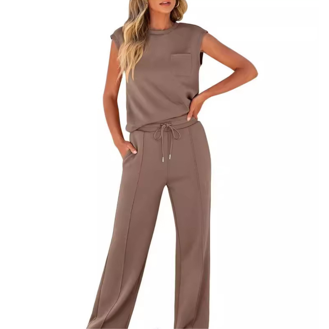 Women's Co Ord | Cap Sleeve Crew Neck Top and Wide Leg Drawstring Trousers Set
