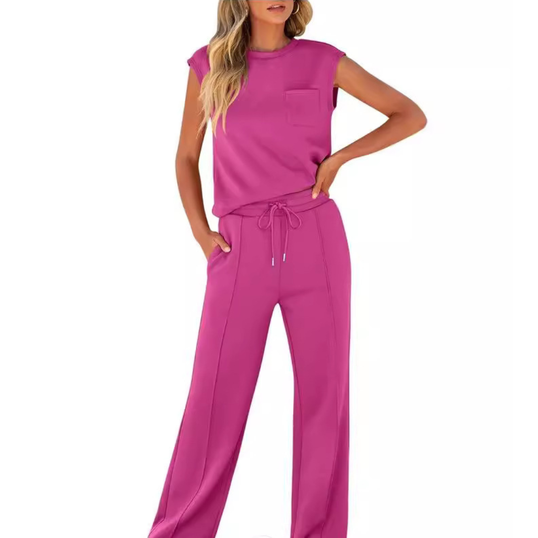 Women's Co Ord | Cap Sleeve Crew Neck Top and Wide Leg Drawstring Trousers Set