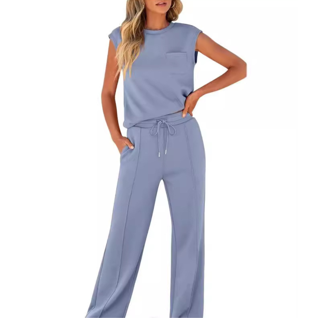 Women's Co Ord | Cap Sleeve Crew Neck Top and Wide Leg Drawstring Trousers Set