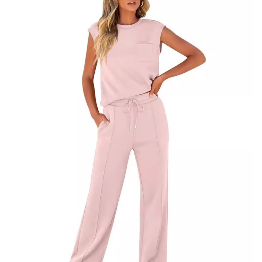 Women's Co Ord | Cap Sleeve Crew Neck Top and Wide Leg Drawstring Trousers Set