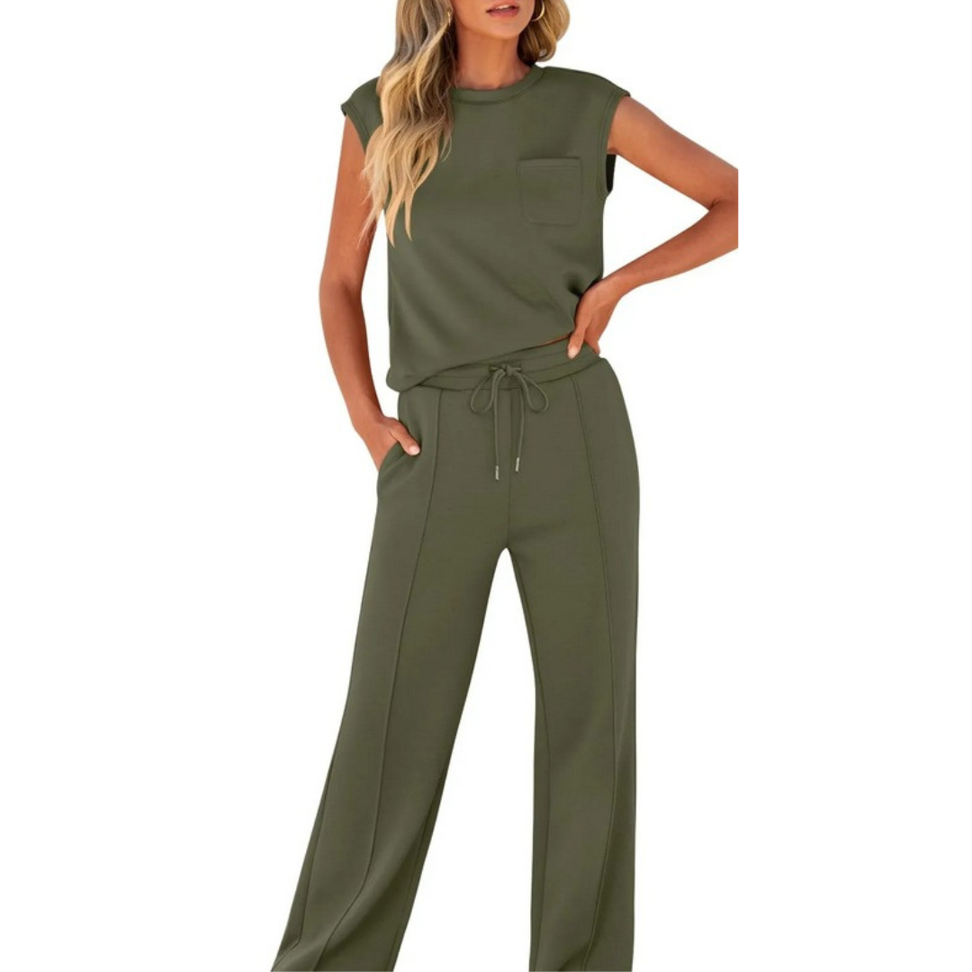 Women's Co Ord | Cap Sleeve Crew Neck Top and Wide Leg Drawstring Trousers Set