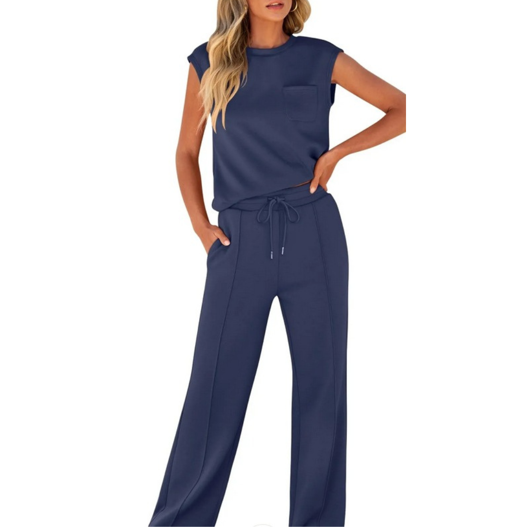 Women's Co Ord | Cap Sleeve Crew Neck Top and Wide Leg Drawstring Trousers Set