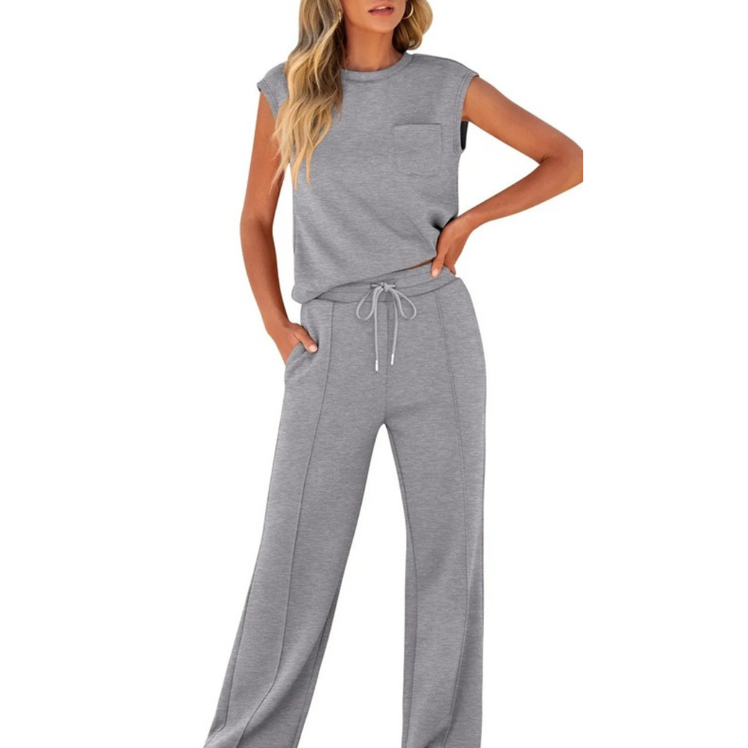 Women's Co Ord | Cap Sleeve Crew Neck Top and Wide Leg Drawstring Trousers Set