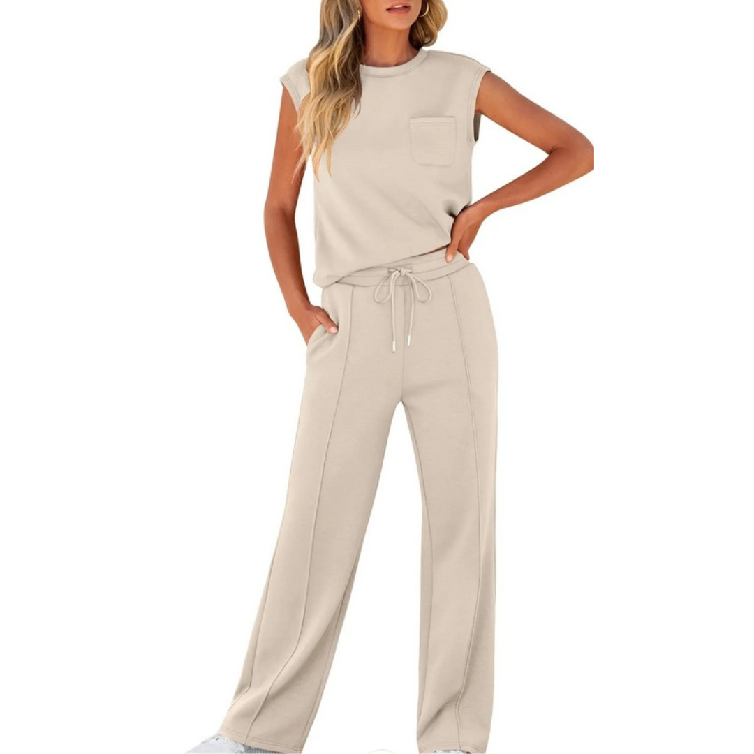 Women's Co Ord | Cap Sleeve Crew Neck Top and Wide Leg Drawstring Trousers Set