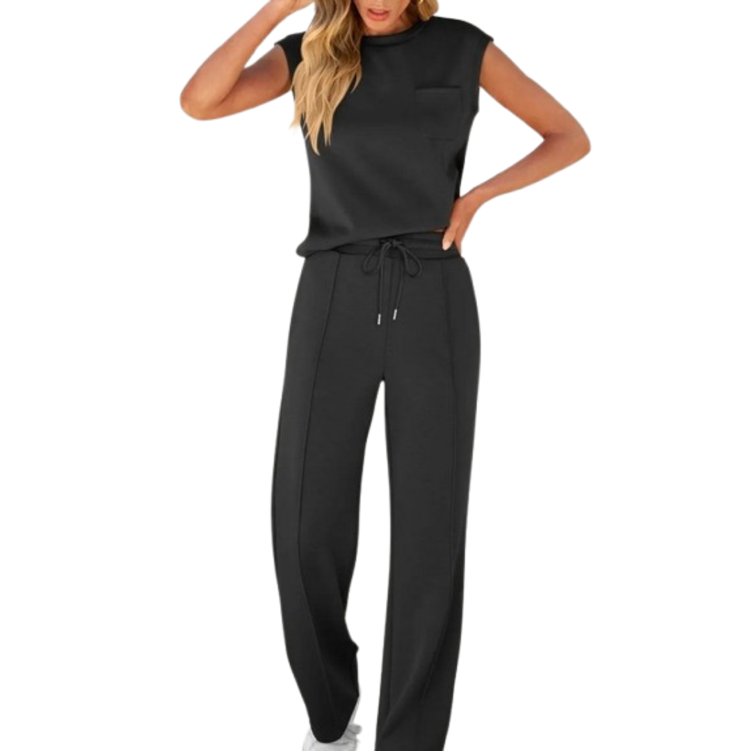Women's Co Ord | Cap Sleeve Crew Neck Top and Wide Leg Drawstring Trousers Set