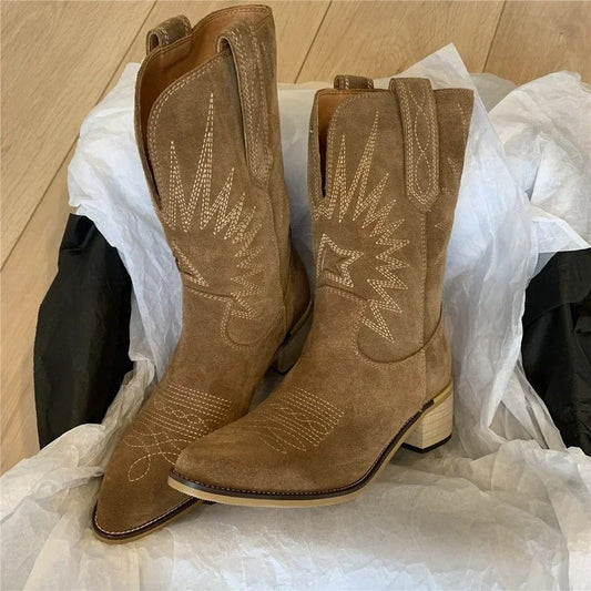 Women's Cowboy Boots Embroidered Block Heel Round Toe with V Front Top