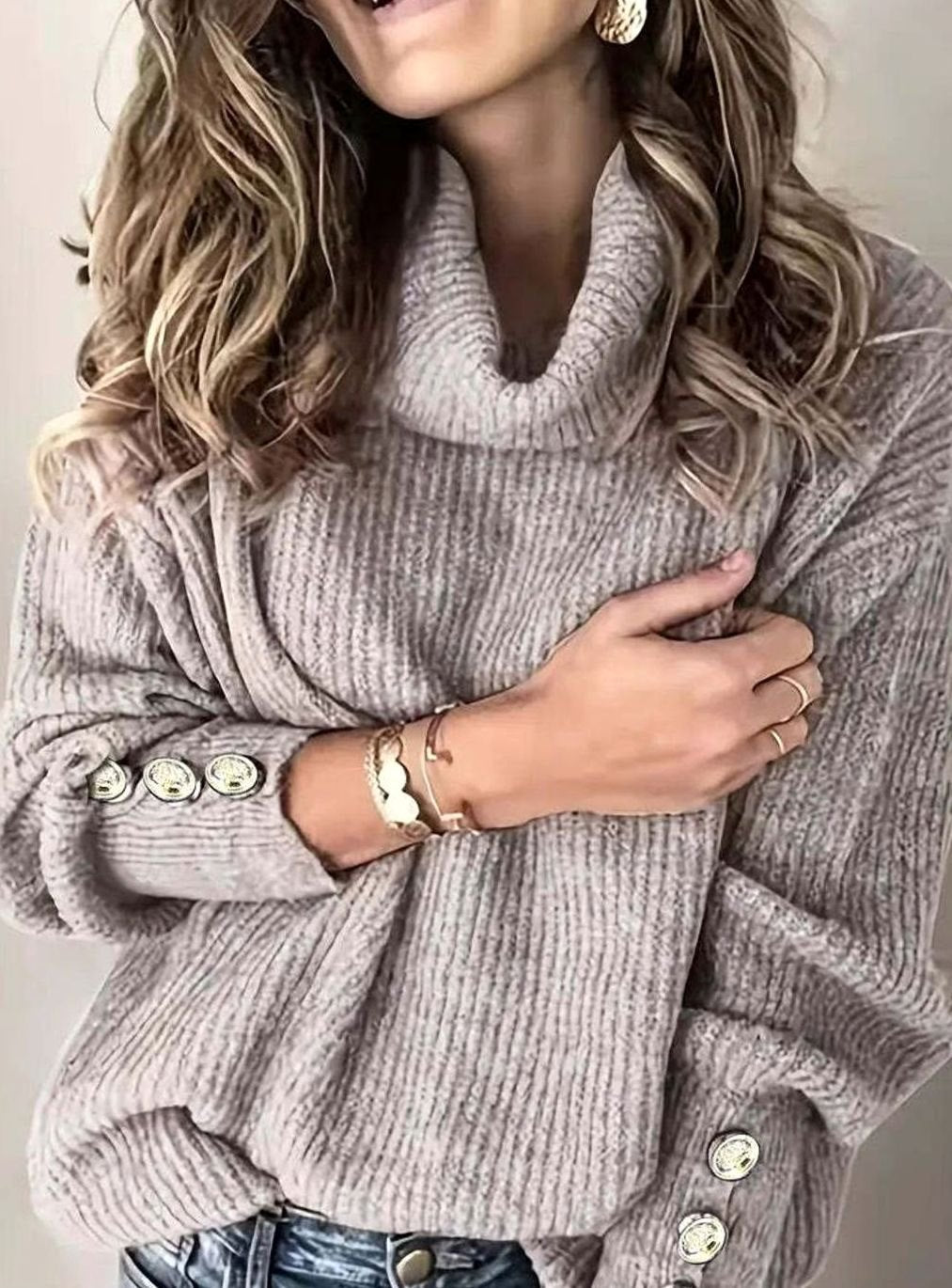 Women's Cowl Neck Sweater | Button-Cuff Knit Pullover