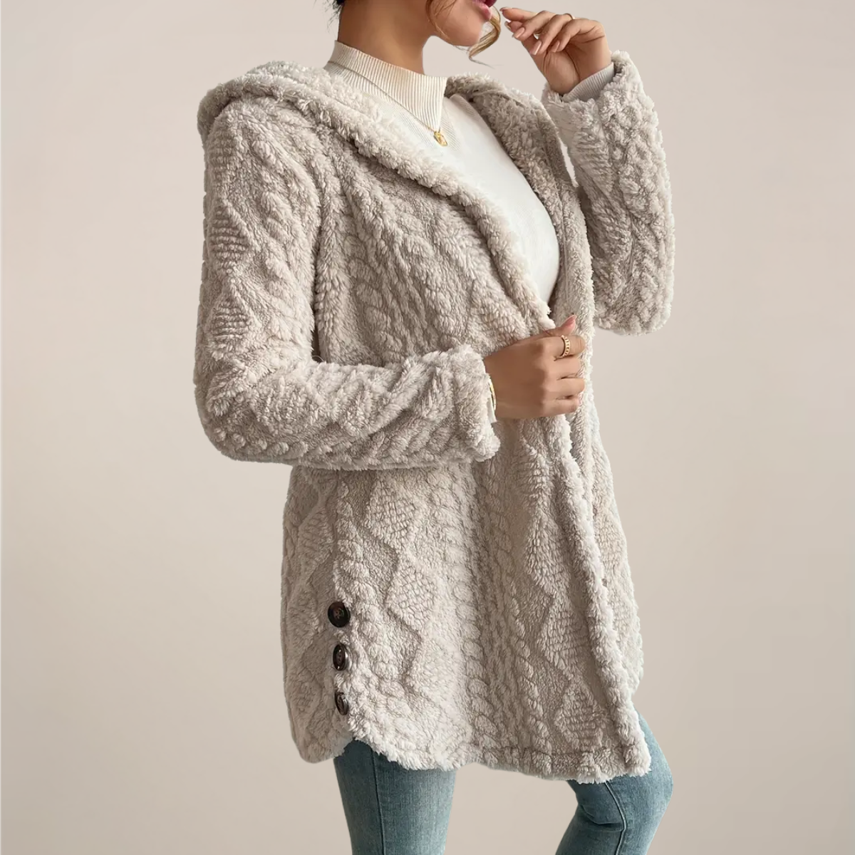 Women’s Cream Jacquard Hooded Coat - Cozy All-Season Jacket