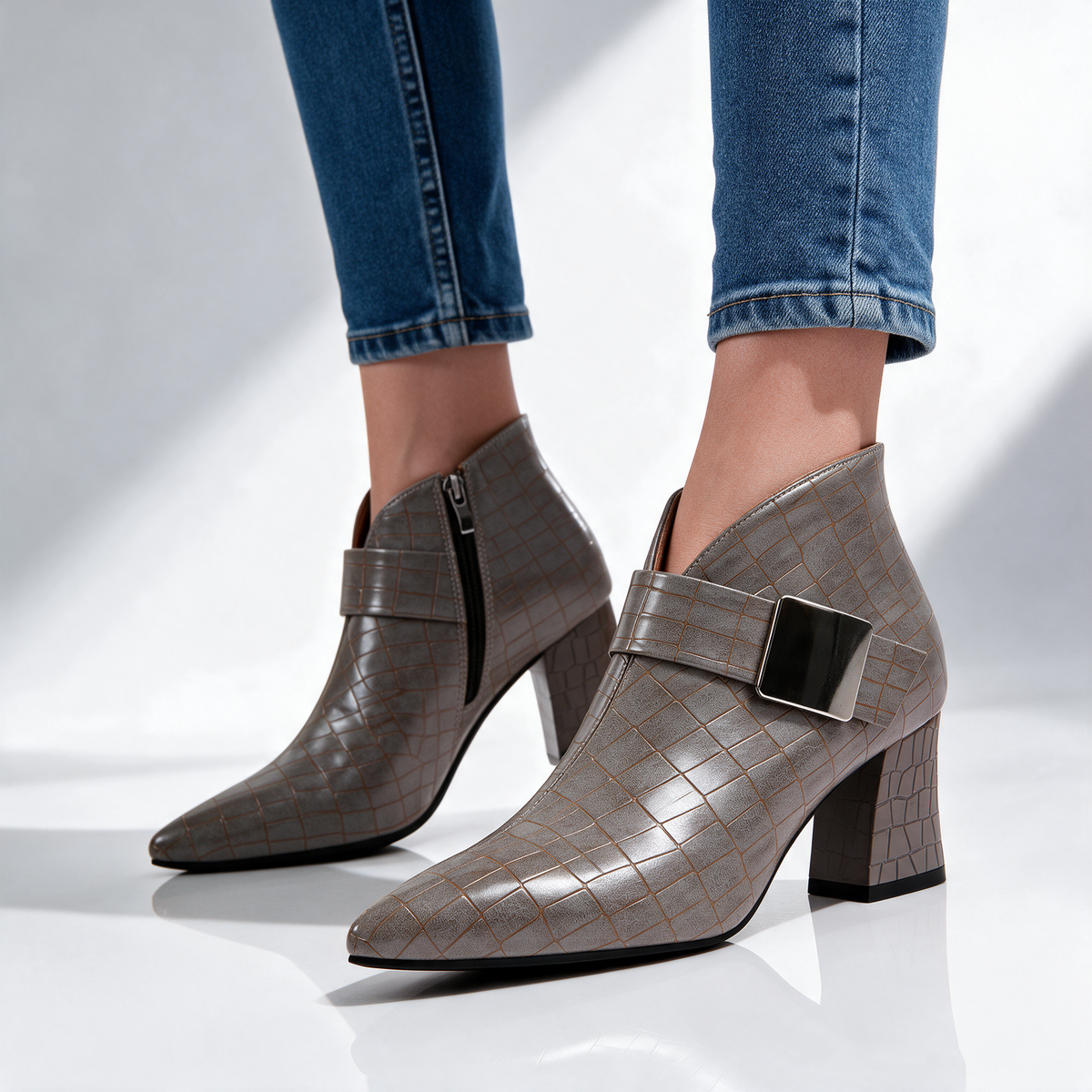 Women's Croc Block Boots | Buckle Strap & Side Zip