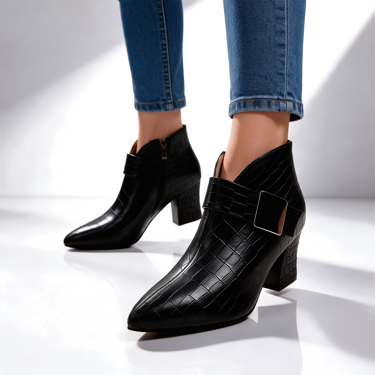 Women's Croc Block Boots | Buckle Strap & Side Zip