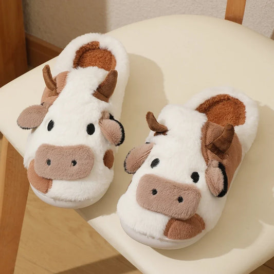 Women's Fluffy Cow Print Slippers | Cushioned Comfort