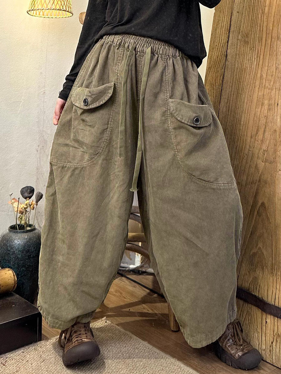 Women's Harem Pants Retro Elastic Waist Ankle Length with Side Pockets