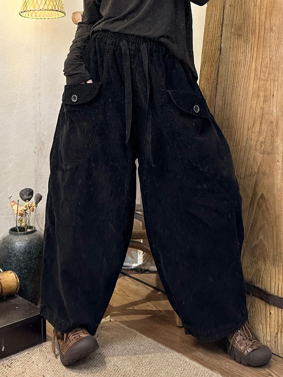 Women's Harem Pants Retro Elastic Waist Ankle Length with Side Pockets