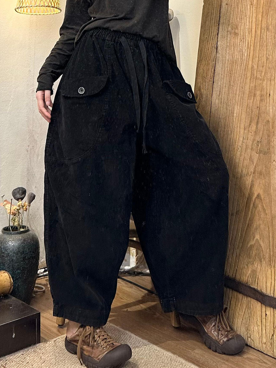 Women's Harem Pants Retro Elastic Waist Ankle Length with Side Pockets