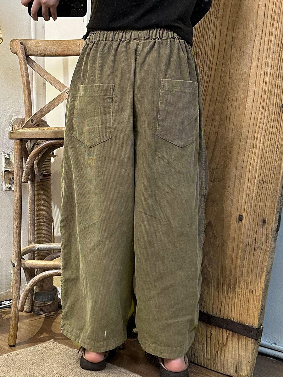 Women's Harem Pants Retro Elastic Waist Ankle Length with Side Pockets
