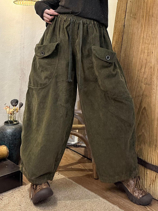 Women's Harem Pants Retro Elastic Waist Ankle Length with Side Pockets