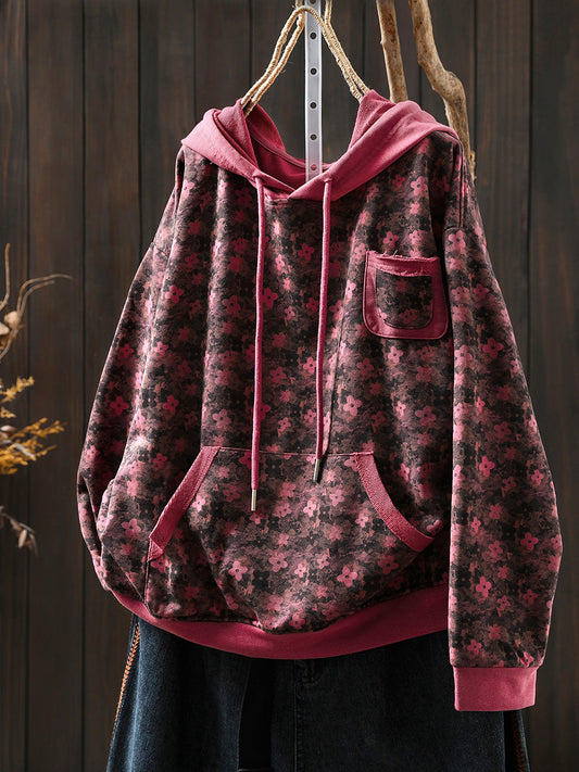Women's Hooded Sweatshirt Vintage Flower Print Raglan with Full Sleeve