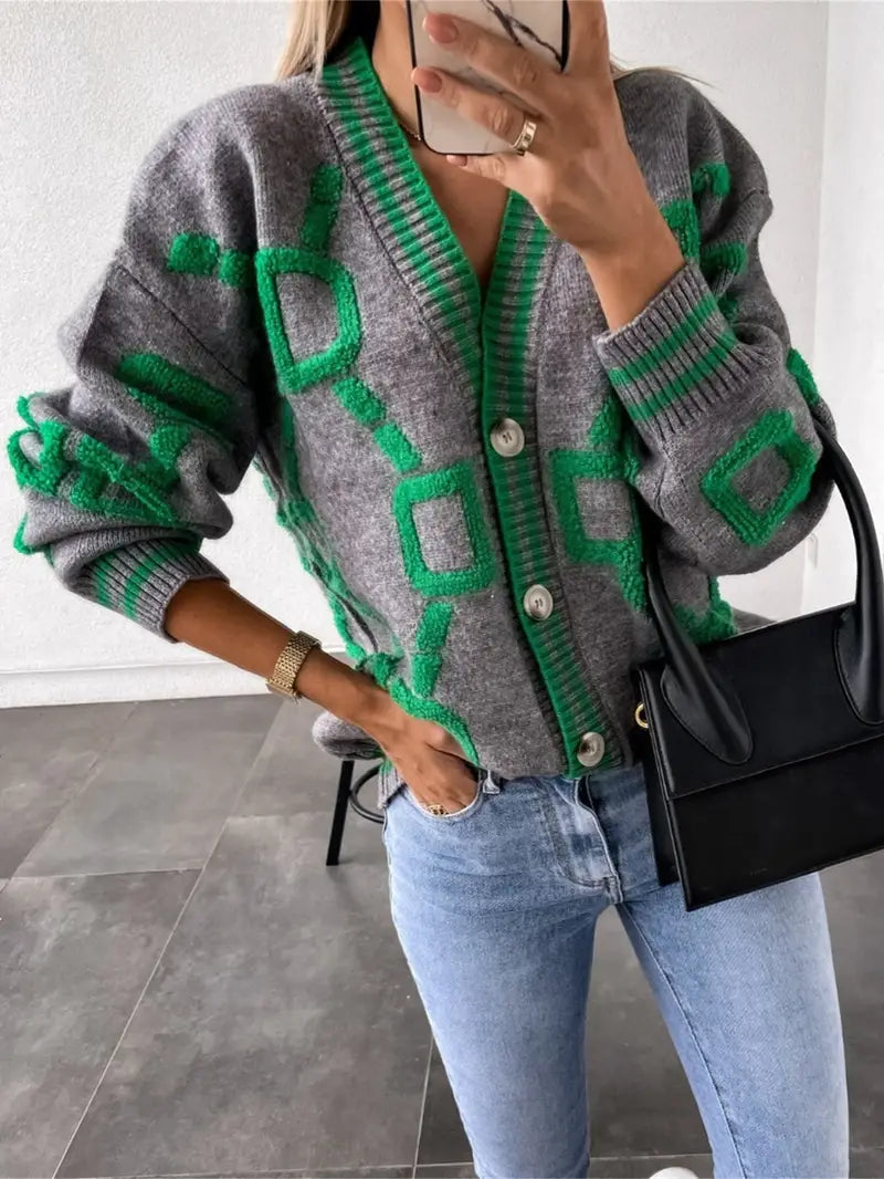 Women's Jacquard Cardigan | V-Neck & Button Front
