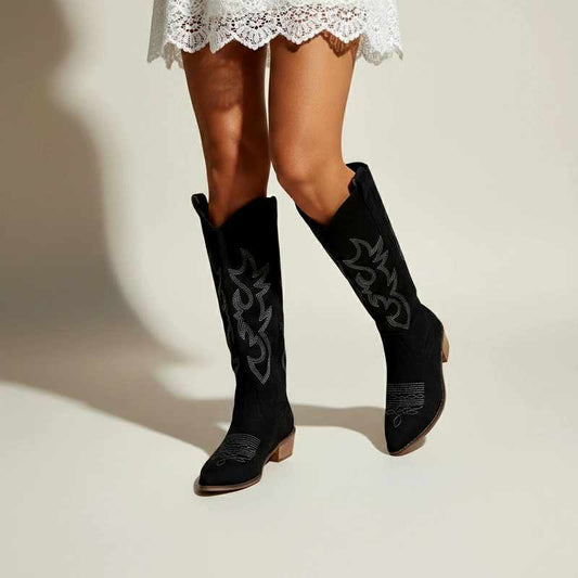 Women's Knee-High Boots | Embroidered & Low Block Heel