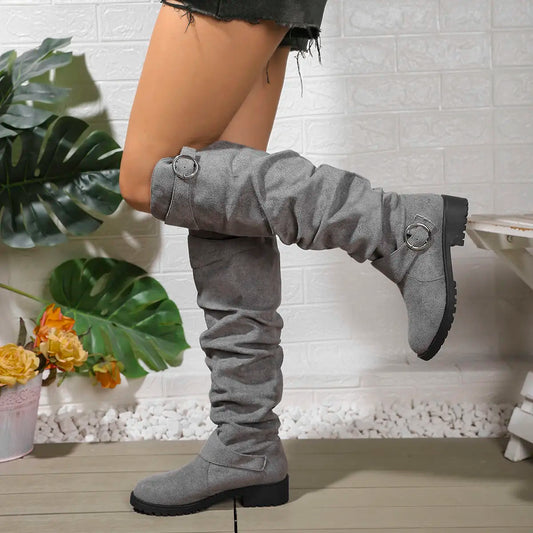 Women's Knee High Boots Slouchy Fit Block Sole with Buckle Accents