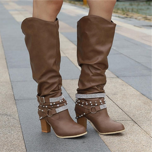 Women's Knee High Boots | Studded Straps & Block Heel