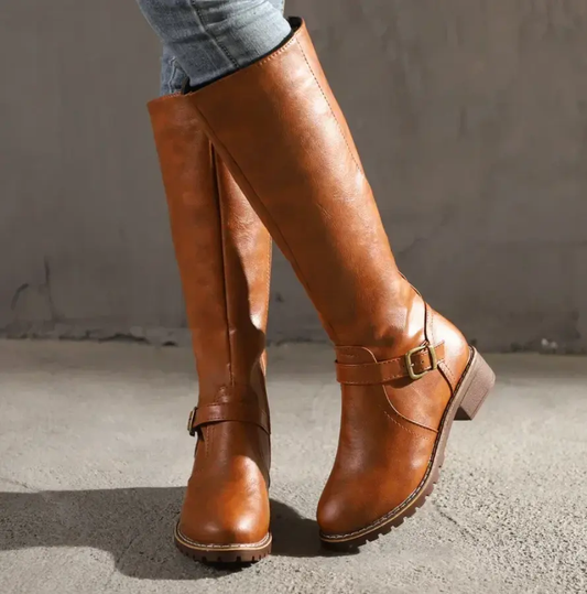 Women's Knee High Boots Timeless Low Block Heel with Buckle Straps