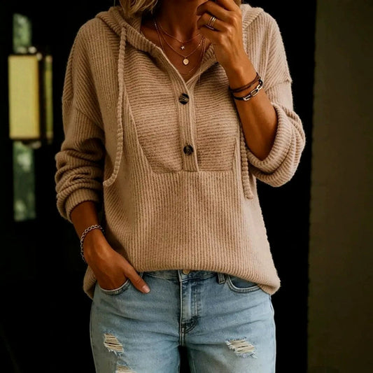 Women's Knit Hooded Sweater | Button Neck & Relaxed Fit