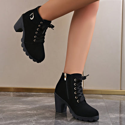 Women's Lace-Up Ankle Boots | Block Heel & Side Zip