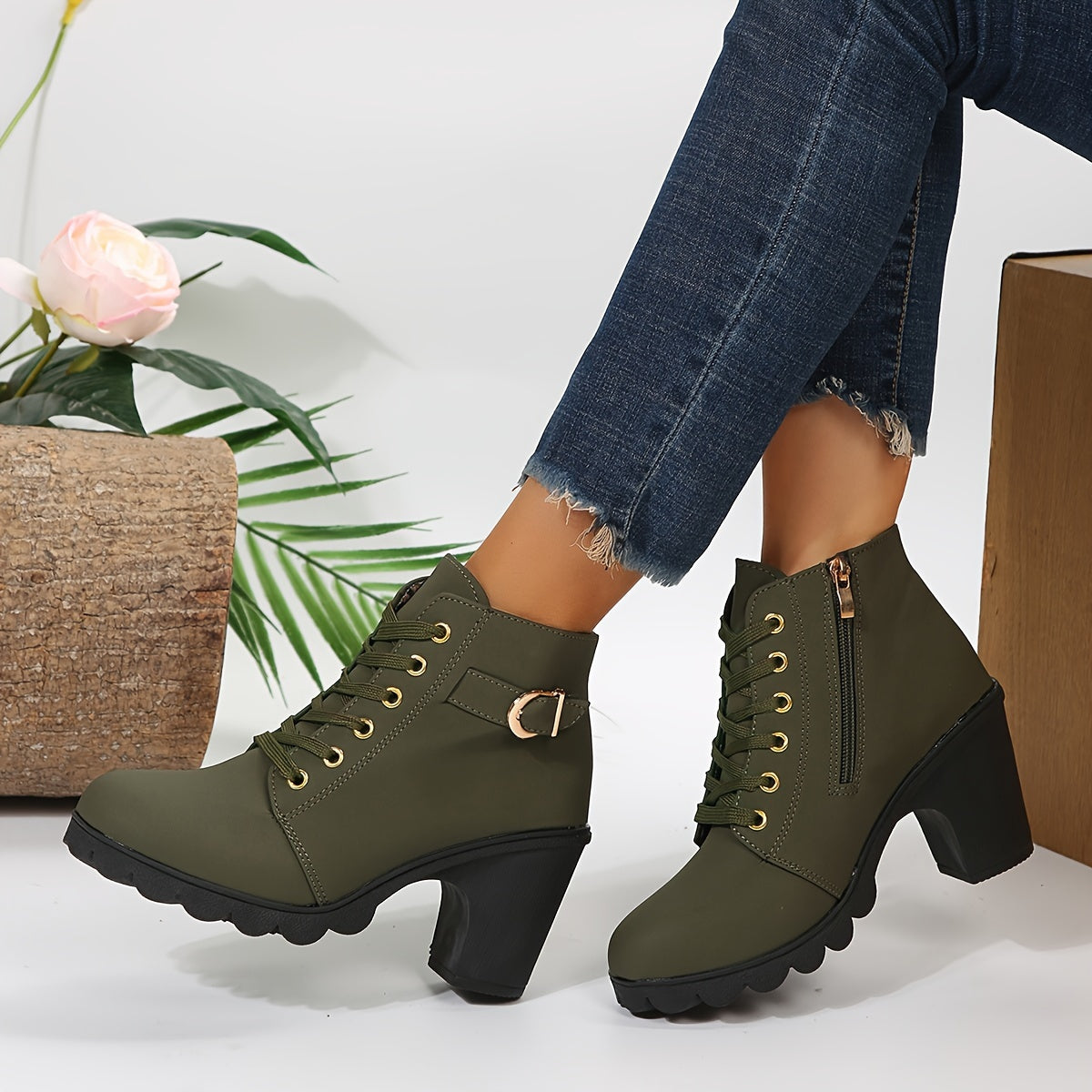 Women's Lace-Up Ankle Boots | Block Heel & Side Zip