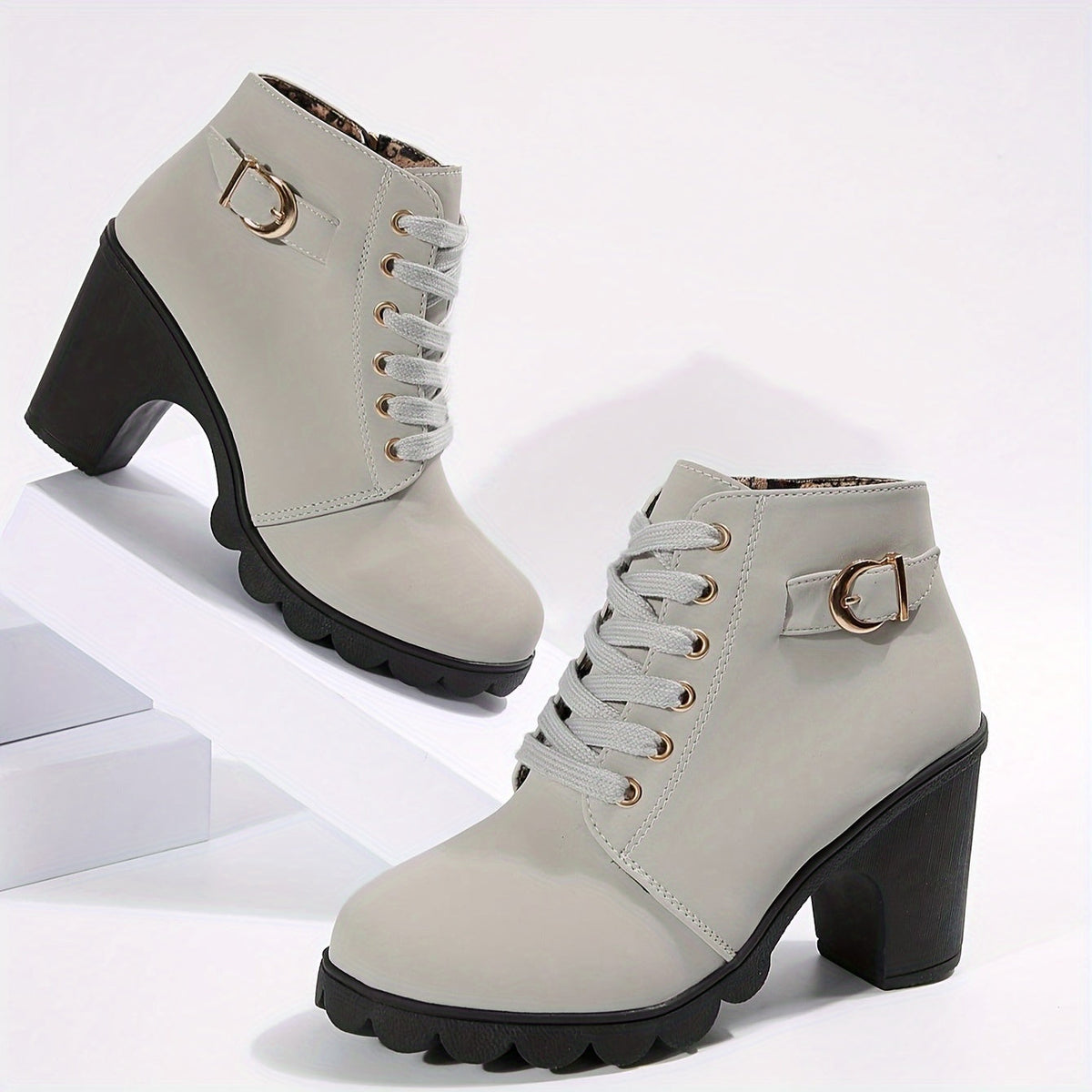 Women's Lace-Up Ankle Boots | Block Heel & Side Zip