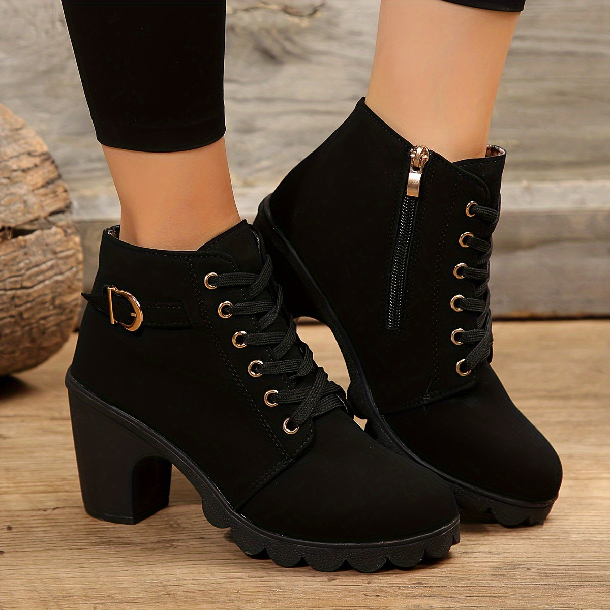 Women's Lace-Up Ankle Boots | Block Heel & Side Zip