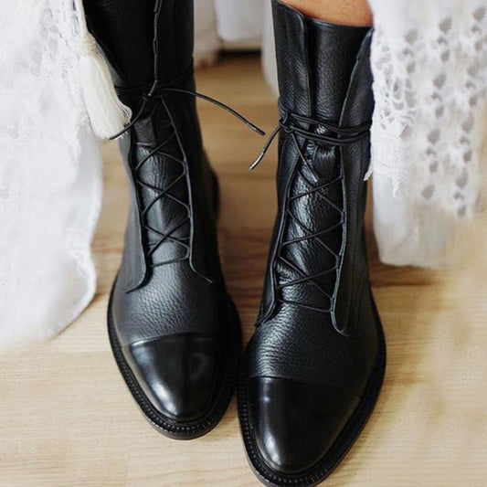 Women's Lace-Up Ankle Boots | Flat Sole & Cap-Toe Design