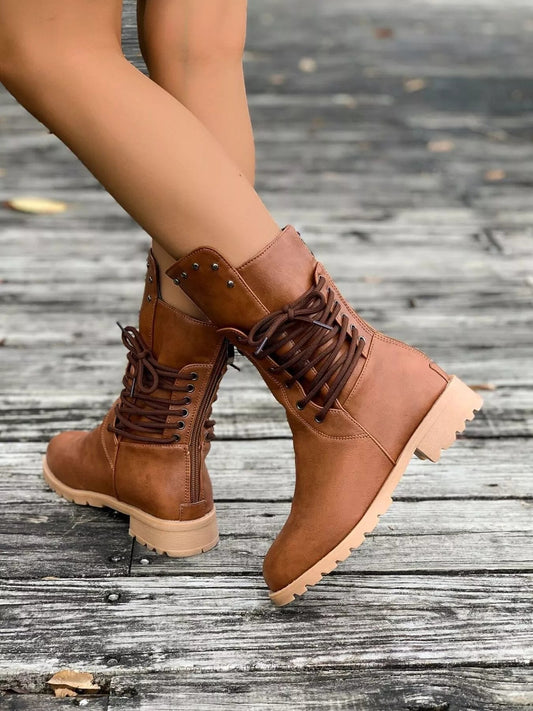 Women's Lace-Up Mid-Calf Boots | Studded Style & Grip