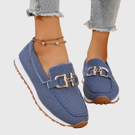 Women's Loafers Slip On Round Toe Waffle Knit Mesh with Bit Buckle