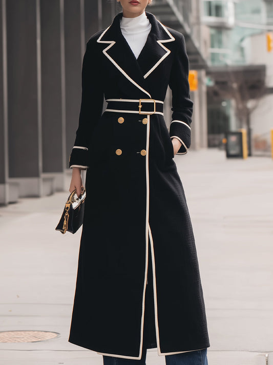 Women's Long Coat Double Breasted Loose Fit with Belted Piping Detail