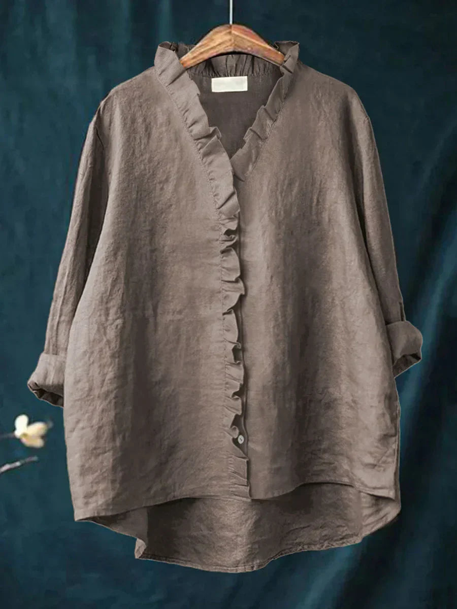 Women's Long Sleeve Blouse | Ruffle Placket, Dipped Hem