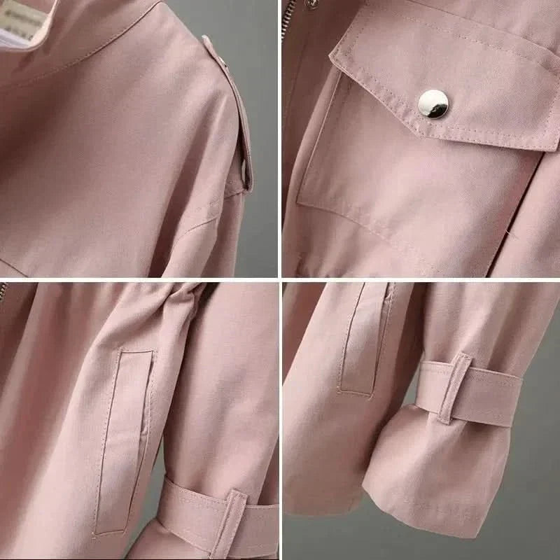 Women's Overcoat Drawstring Snap Zip Front with Flap Pockets, Cuffs
