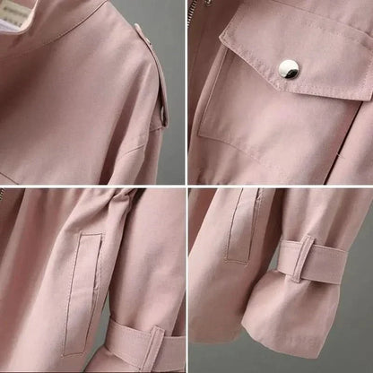 Women's Overcoat Drawstring Snap Zip Front with Flap Pockets, Cuffs