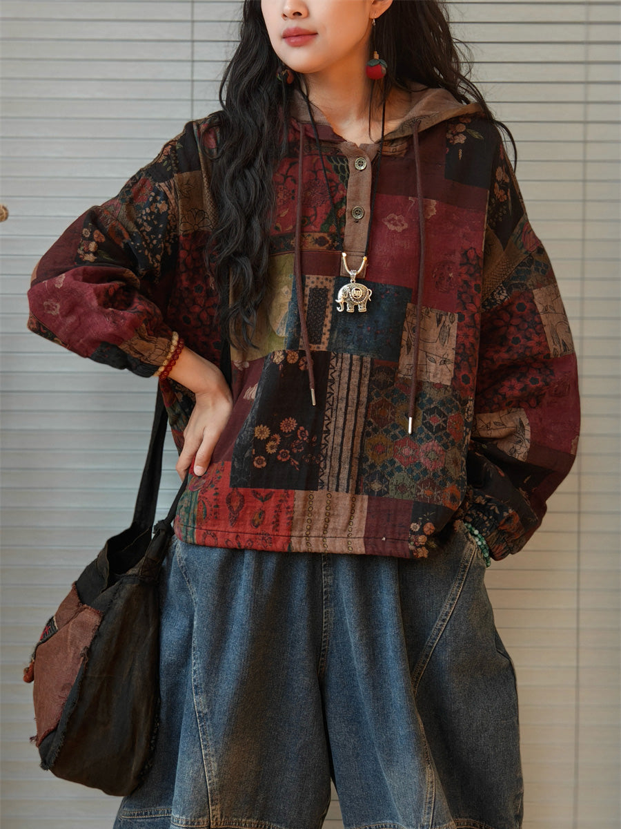 Women's Plus Size Hooded Sweatshirt | Patchwork Design & Raglan Sleeves
