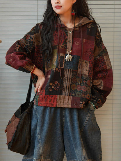 Women's Plus Size Hooded Sweatshirt | Patchwork Design & Raglan Sleeves