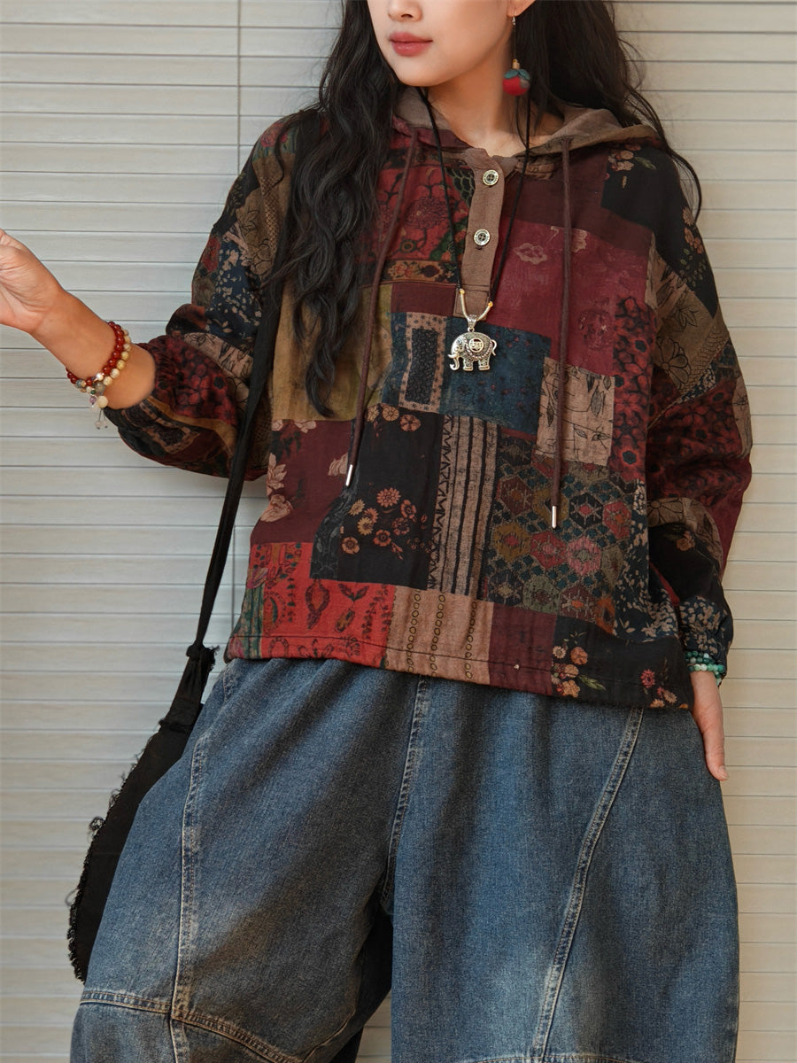 Women's Plus Size Hooded Sweatshirt | Patchwork Design & Raglan Sleeves