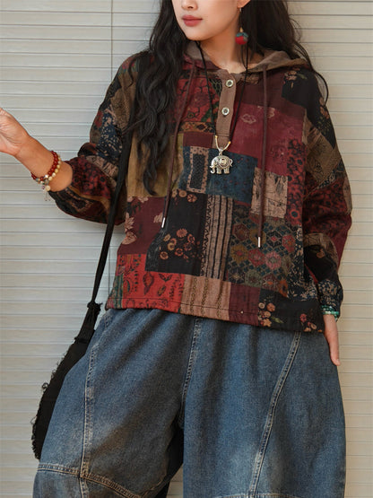 Women's Plus Size Hooded Sweatshirt | Patchwork Design & Raglan Sleeves