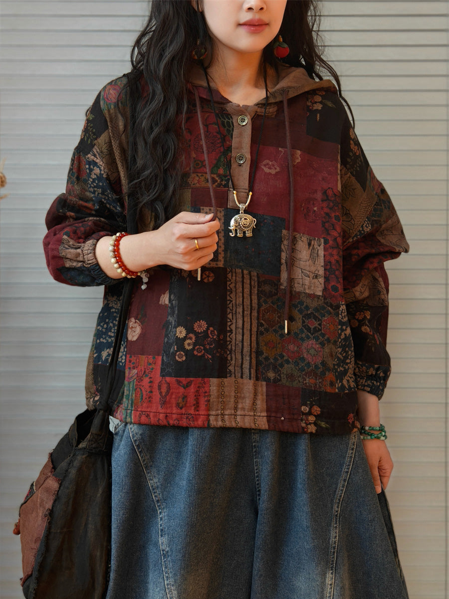 Women's Plus Size Hooded Sweatshirt | Patchwork Design & Raglan Sleeves