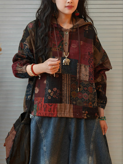 Women's Plus Size Hooded Sweatshirt | Patchwork Design & Raglan Sleeves