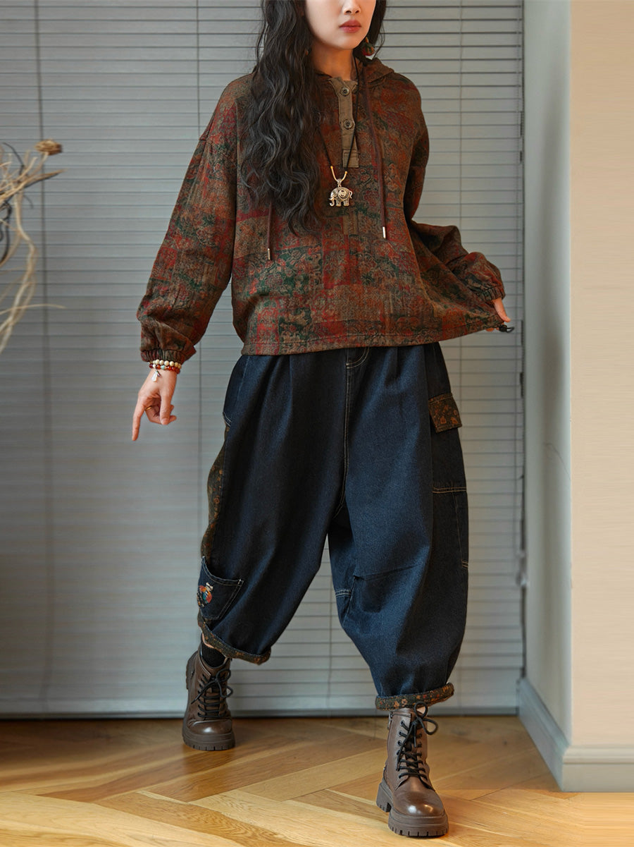 Women's Plus Size Hooded Sweatshirt | Patchwork Design & Raglan Sleeves